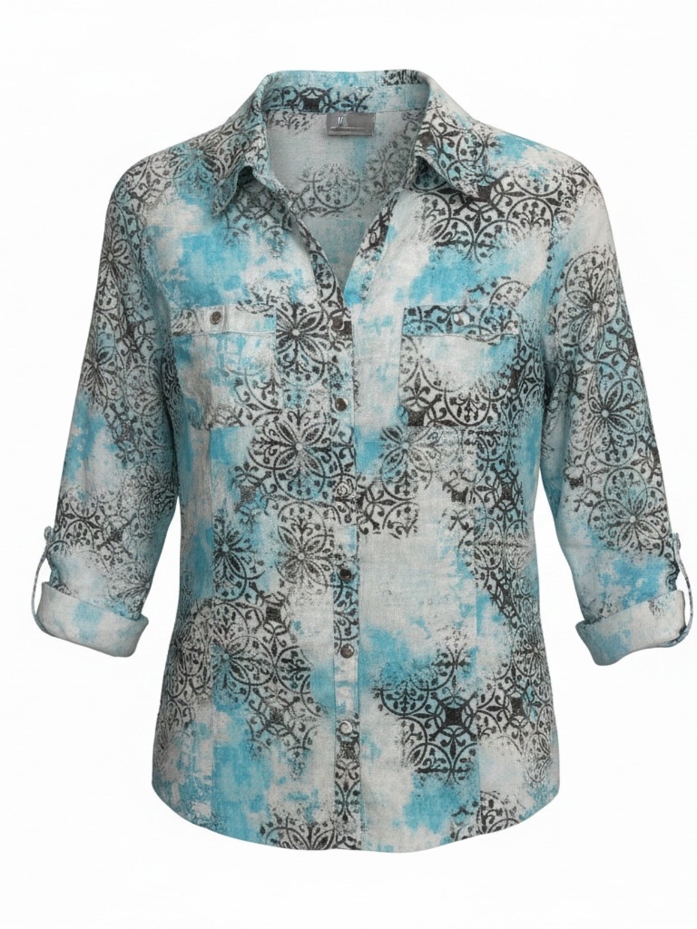 JM Collection Turquoise and Black Patterned Button-Front Shirt